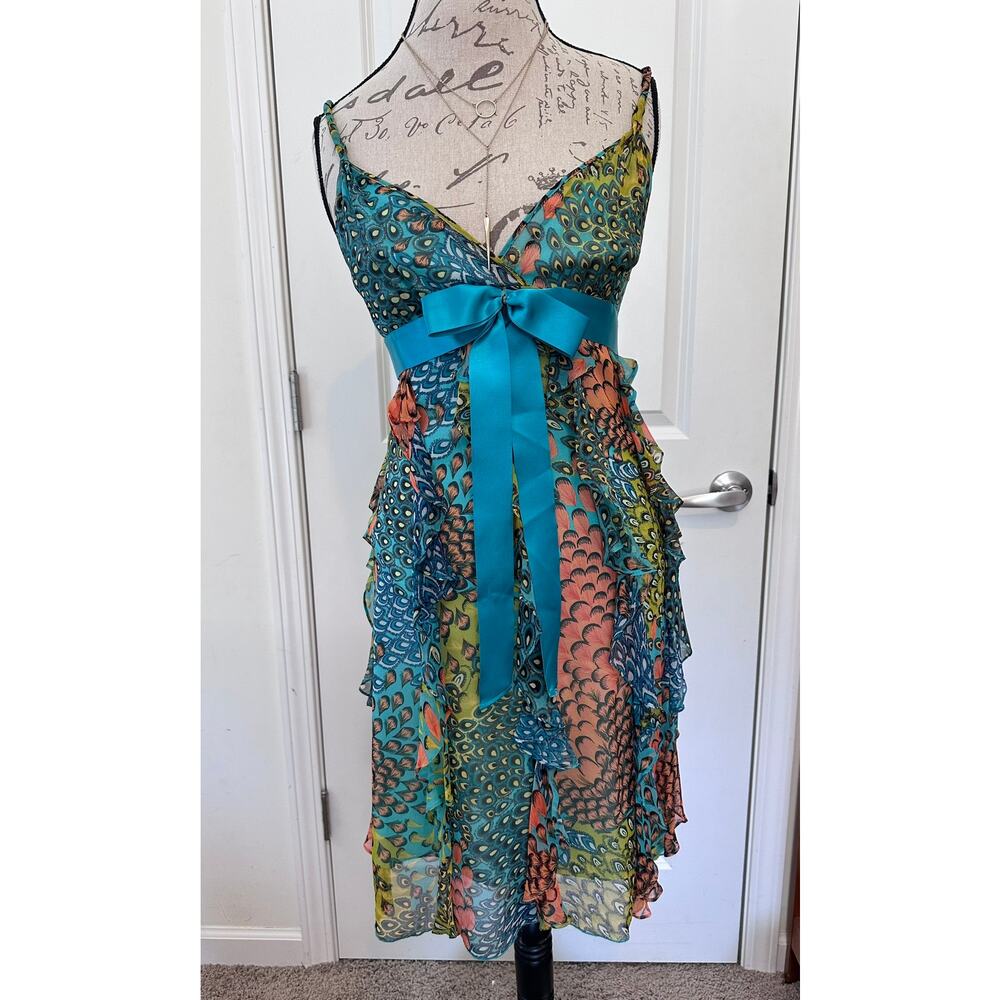 BCBG MAXAZRIA sz 6 Silk/Chiffon Peacock Spaghetti Strap Dress Y2K Wedding Guest